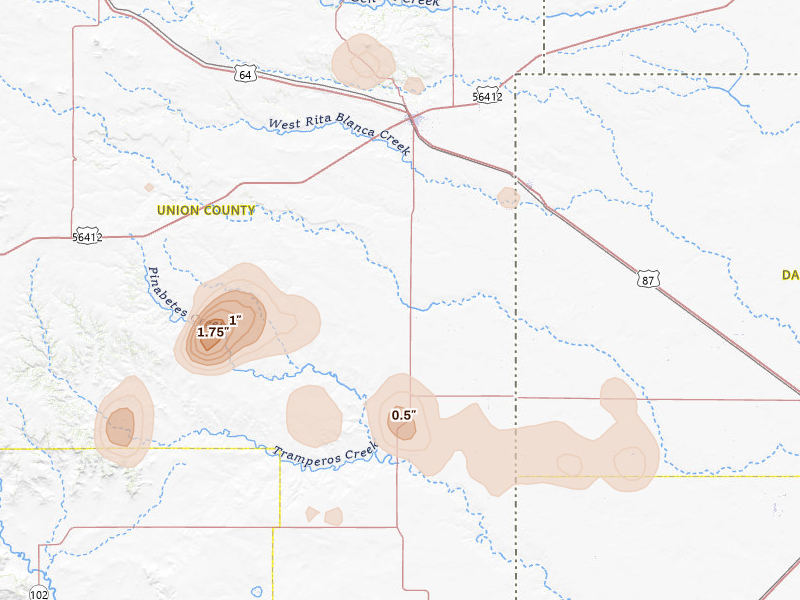 Radar-estimated hail-size map of the storm over Clayton, NM on Aug 16, 2026