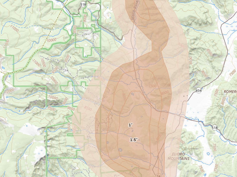 Radar-estimated hail-size map of the storm over Cleveland, NM on Aug 19, 2026