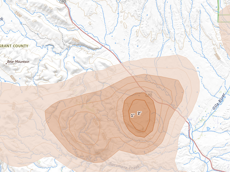 Radar-estimated hail-size map of the storm over Cliff, NM on Jul 28, 2026