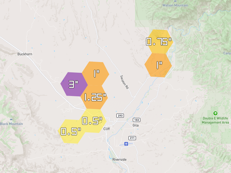 Hail map of Cliff, NM on Jul 28, 2026, hail up to 3"