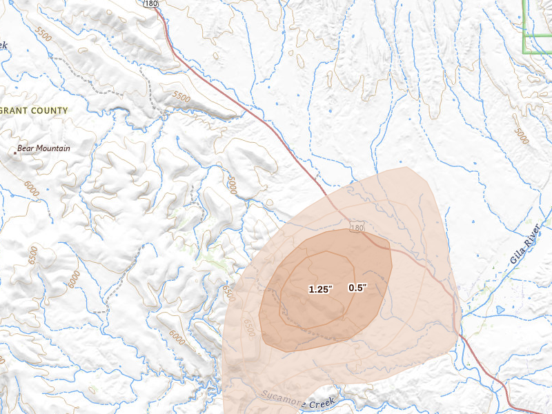 Radar-estimated hail-size map of the storm over Cliff, NM on Aug 1, 2026