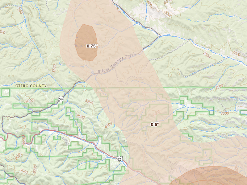 Radar-estimated hail-size map of the storm over Cloudcroft, NM on Jun 2, 2026