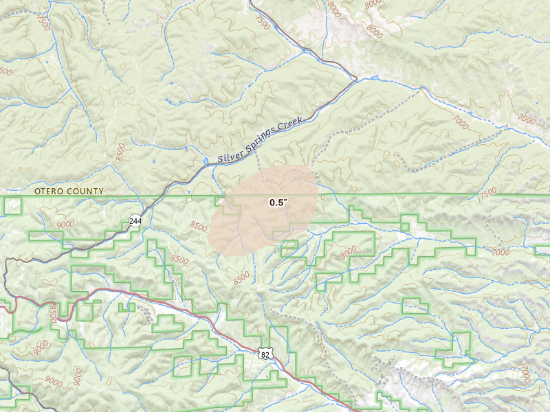 Radar-estimated hail-size map of the storm over Cloudcroft, NM on Jun 5, 2026