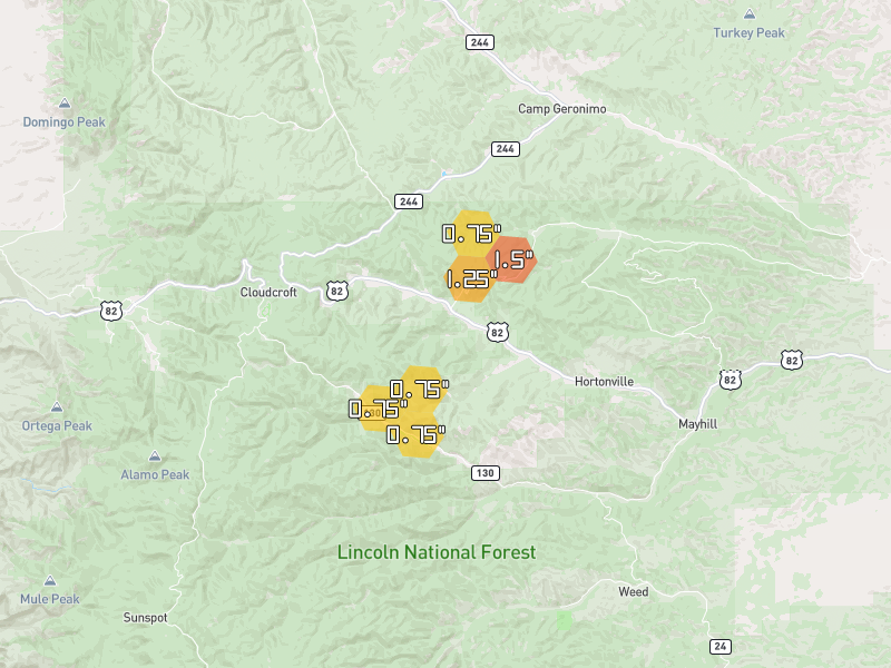 Hail map of Cloudcroft, NM on Jun 5, 2026, hail up to 1.5"
