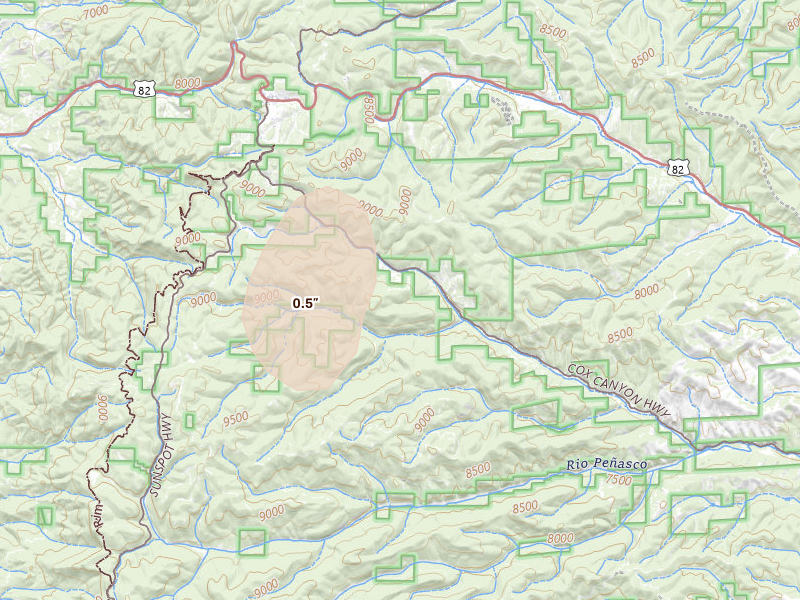 Radar-estimated hail-size map of the storm over Cloudcroft, NM on Aug 1, 2026