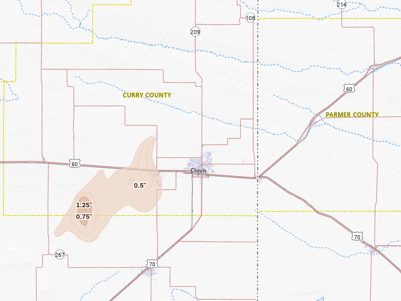 Radar-estimated hail-size map of the storm over Clovis, NM on Apr 10, 2026