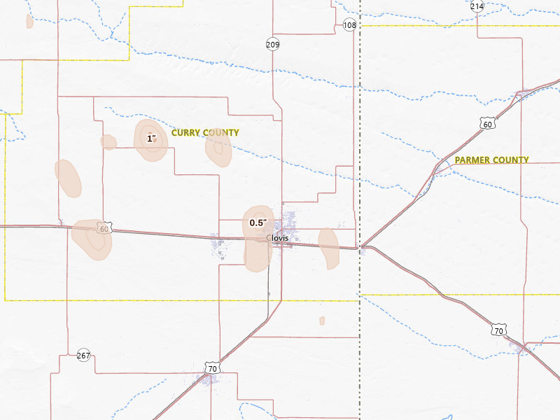 Radar-estimated hail-size map of the storm over Clovis, NM on Aug 1, 2026