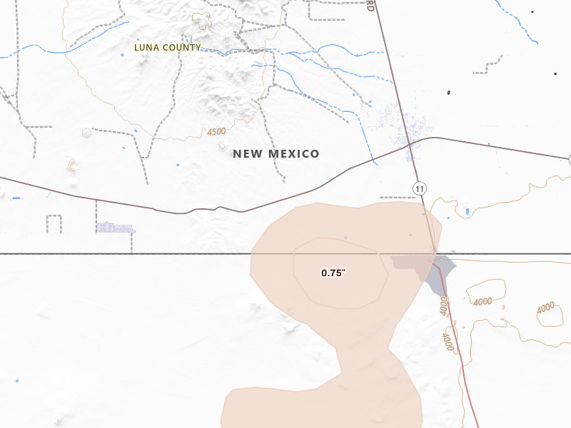 Radar-estimated hail-size map of the storm over Columbus, NM on Jul 20, 2026