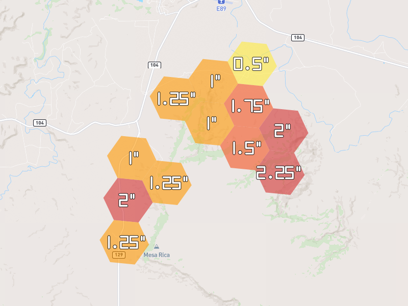 Hail map of Conchas Dam, NM on Jun 2, 2026, hail up to 2.25"