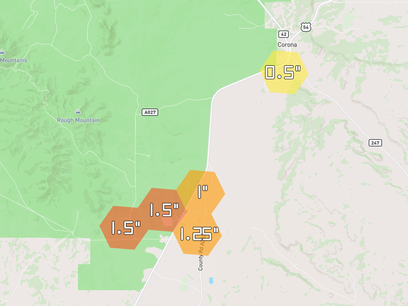 Hail map of Corona, NM on Jun 3, 2026, hail up to 1.5"