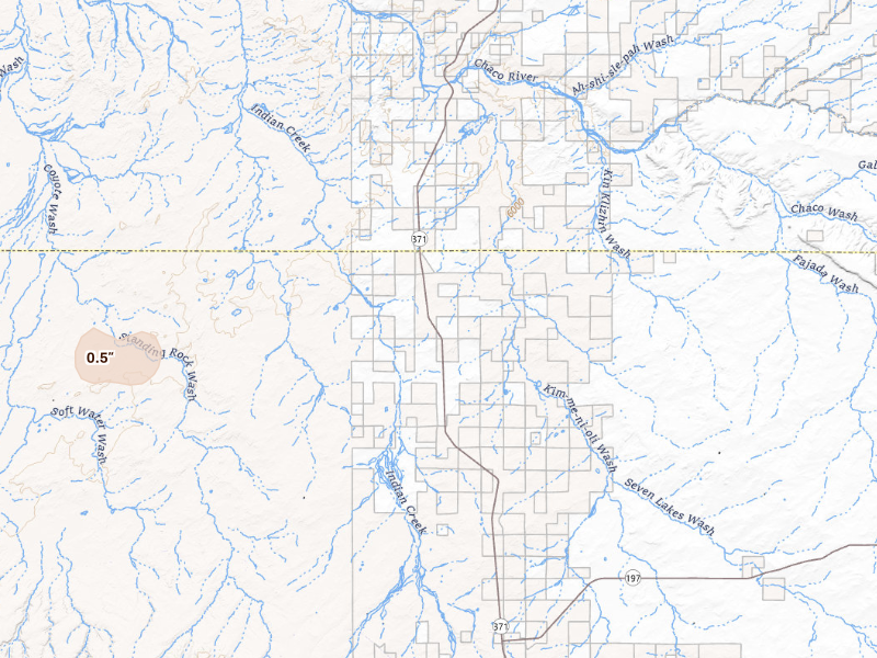 Radar-estimated hail-size map of the storm over Crownpoint, NM on Jul 23, 2026