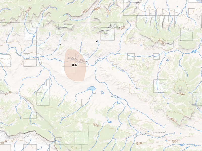 Radar-estimated hail-size map of the storm over Crownpoint, NM on Jul 28, 2026