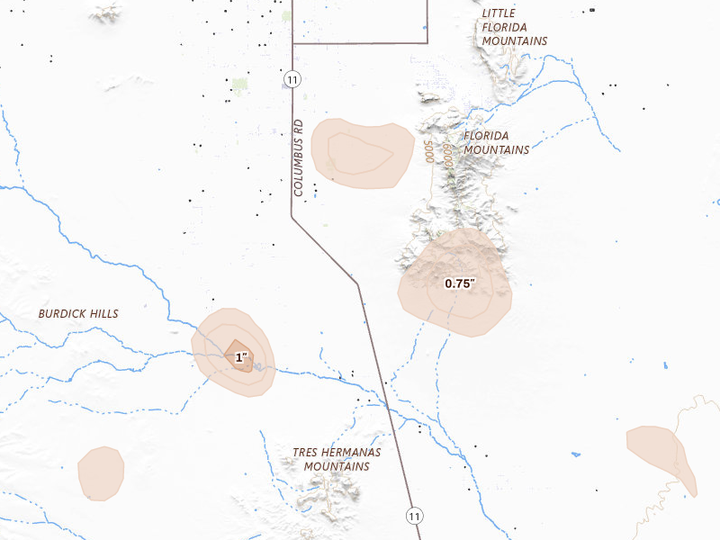 Radar-estimated hail-size map of the storm over Deming, NM on Jul 20, 2026