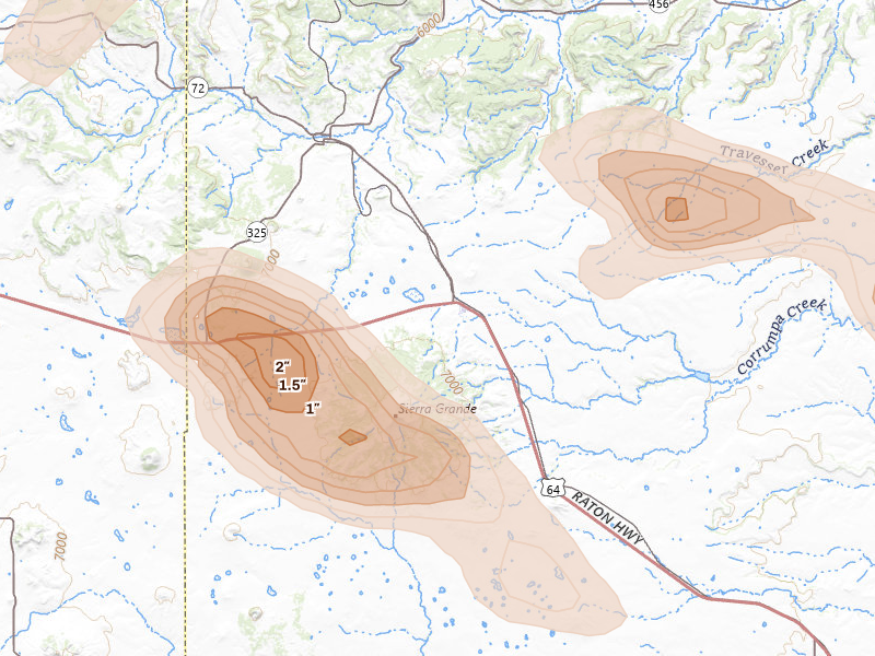 Radar-estimated hail-size map of the storm over Des Moines, NM on Jun 25, 2026