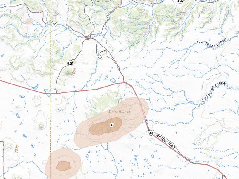 Radar-estimated hail-size map of the storm over Des Moines, NM on Jul 31, 2026
