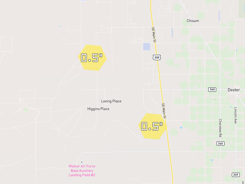 Hail map of Dexter, NM on Jun 2, 2026, hail up to 0.5"