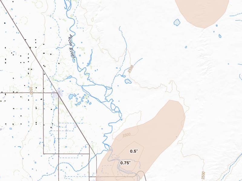 Radar-estimated hail-size map of the storm over Dexter, NM on Jun 5, 2026