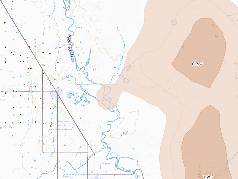 Radar-estimated hail-size map of the storm over Dexter, NM on Jul 4, 2026