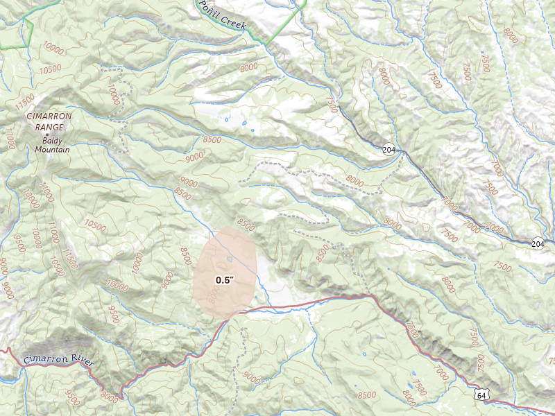 Radar-estimated hail-size map of the storm over Eagle Nest, NM on May 25, 2026