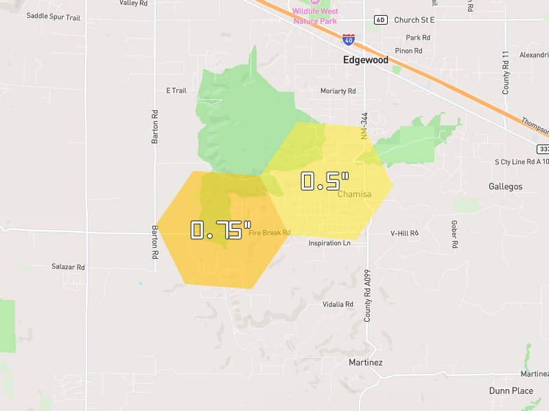 Hail map of Edgewood, NM on Jun 3, 2026, hail up to 0.75"