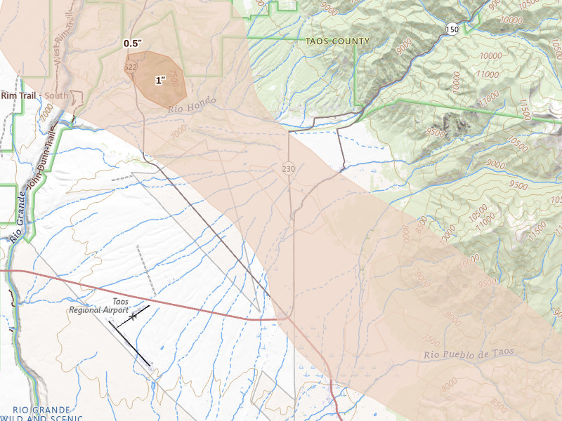 Radar-estimated hail-size map of the storm over El Prado, NM on Jun 15, 2026