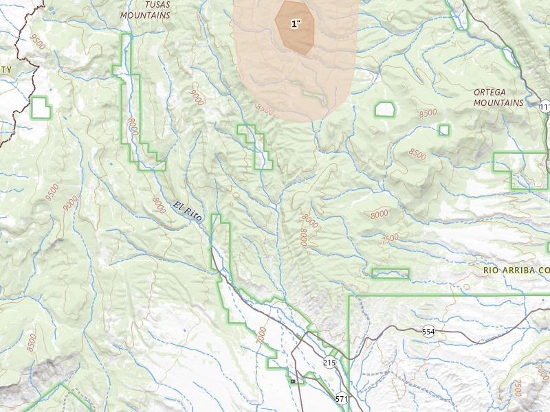 Radar-estimated hail-size map of the storm over El Rito, NM on Aug 1, 2026