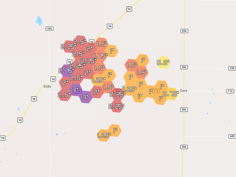 Hail map of Elida, NM on Jul 4, 2026, hail up to 3"