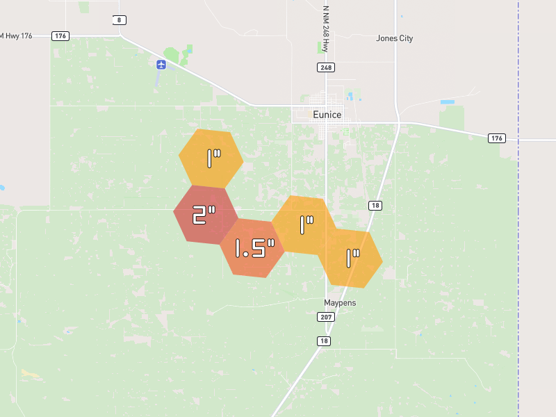 Hail map of Eunice, NM on Jun 1, 2026, hail up to 2"