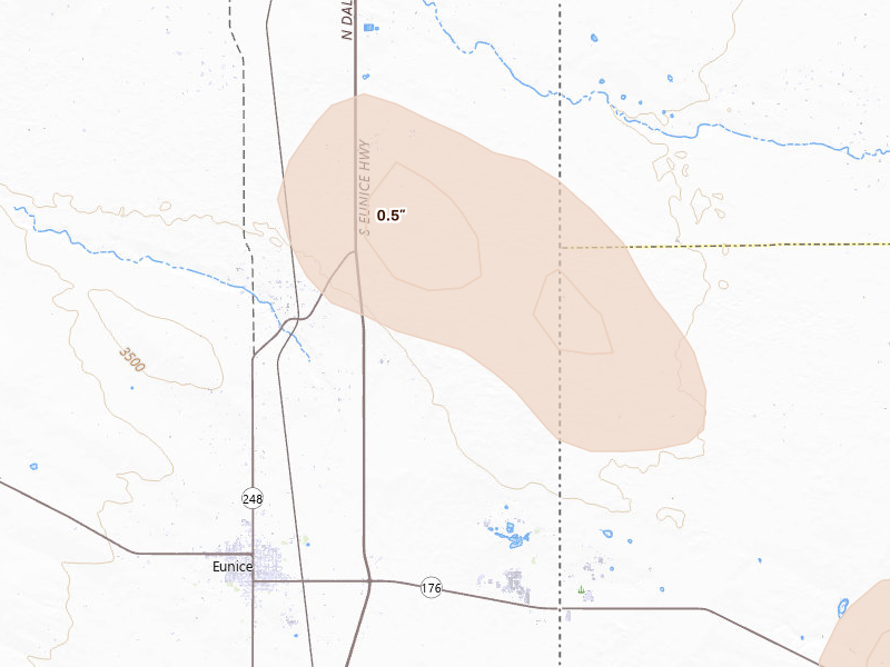 Radar-estimated hail-size map of the storm over Eunice, NM on Jul 5, 2026