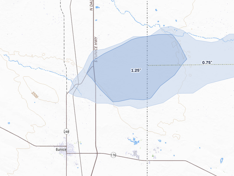 NEXRAD radar-signature map of the hail storm over Eunice, NM on Jul 5, 2026