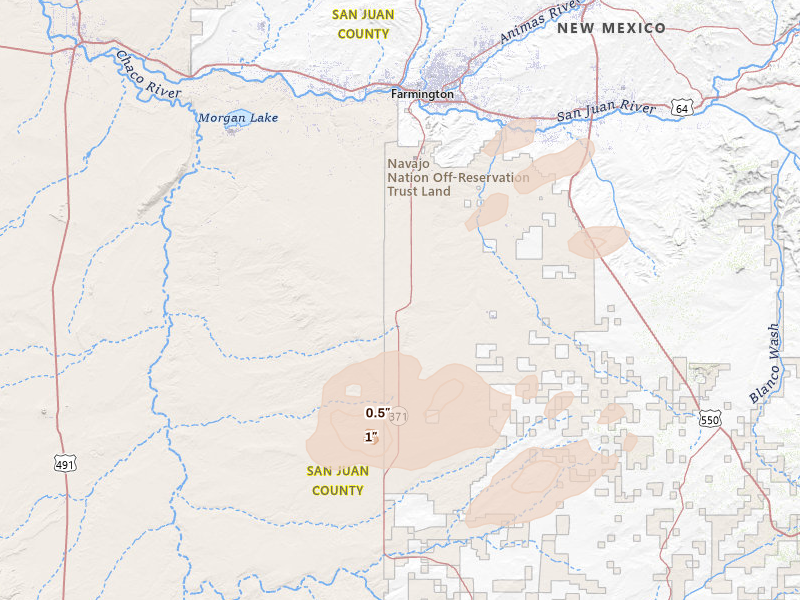 Radar-estimated hail-size map of the storm over Farmington, NM on Jun 26, 2026