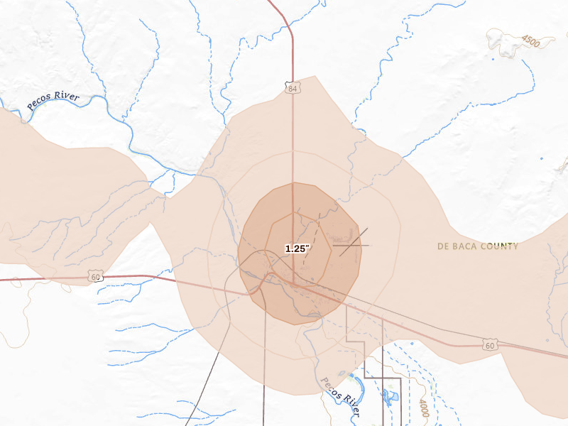 Radar-estimated hail-size map of the storm over Fort Sumner, NM on Jun 19, 2026