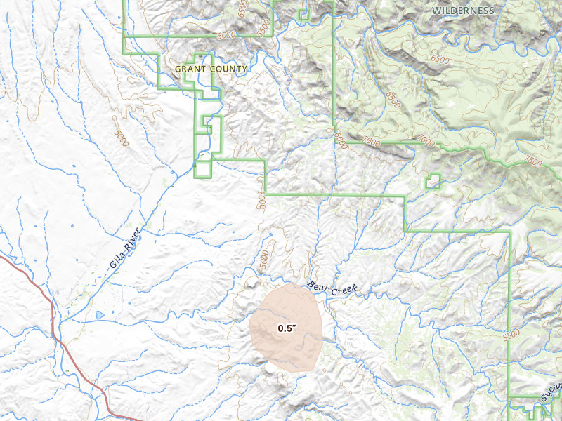Radar-estimated hail-size map of the storm over Gila, NM on Jul 10, 2026