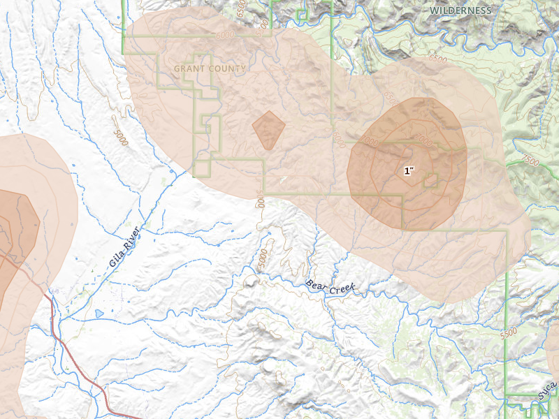 Radar-estimated hail-size map of the storm over Gila, NM on Jul 28, 2026