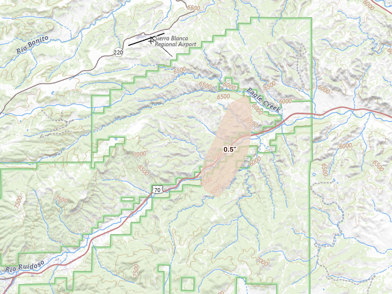 Radar-estimated hail-size map of the storm over Glencoe, NM on Apr 11, 2026