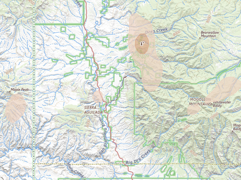 Radar-estimated hail-size map of the storm over Glenwood, NM on Aug 2, 2026