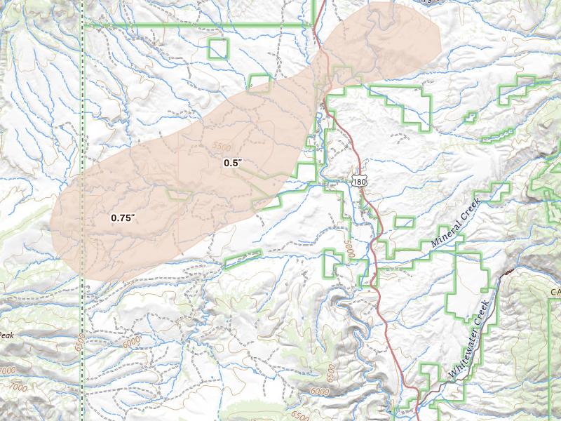 Radar-estimated hail-size map of the storm over Glenwood, NM on Aug 19, 2026