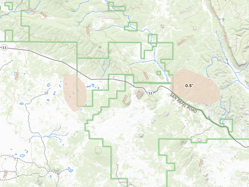 Radar-estimated hail-size map of the storm over Grants, NM on Jul 28, 2026