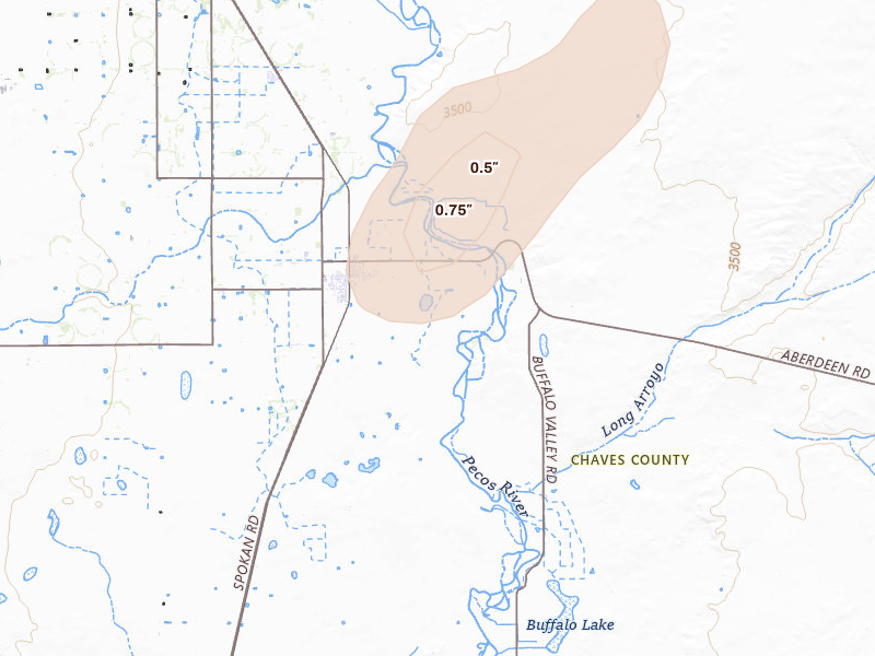 Radar-estimated hail-size map of the storm over Hagerman, NM on Jun 5, 2026