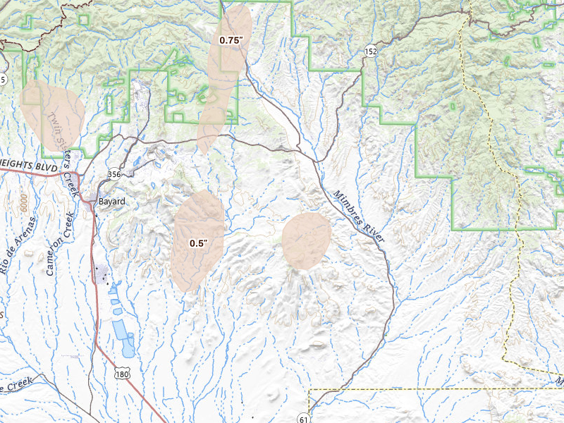 Radar-estimated hail-size map of the storm over Hanover, NM on Jun 5, 2026