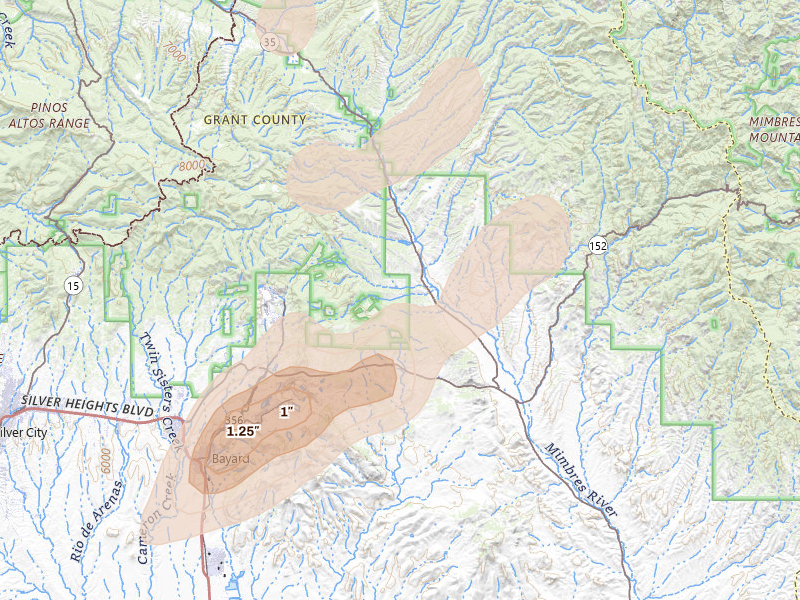 Radar-estimated hail-size map of the storm over Hanover, NM on Aug 1, 2026