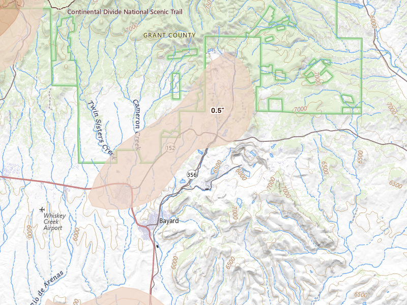 Radar-estimated hail-size map of the storm over Hanover, NM on Aug 3, 2026