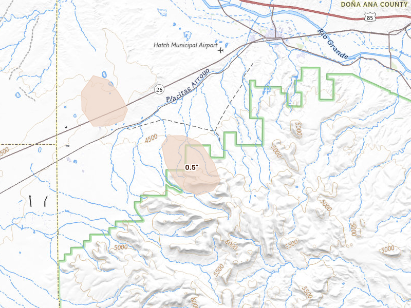 Radar-estimated hail-size map of the storm over Hatch, NM on Jun 14, 2026