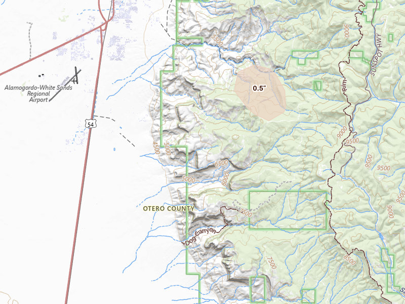 Radar-estimated hail-size map of the storm over High Rolls Mountain Park, NM on Aug 5, 2026