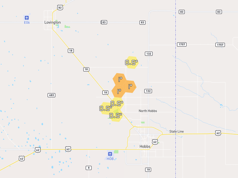 Hail map of Hobbs, NM on Jun 1, 2026, hail up to 1"