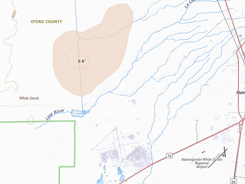 Radar-estimated hail-size map of the storm over Holloman Air Force Base, NM on Jun 2, 2026