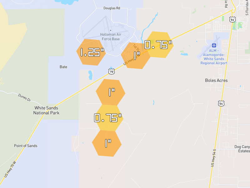 Hail map of Holloman Air Force Base, NM on Jun 2, 2026, hail up to 1.25"