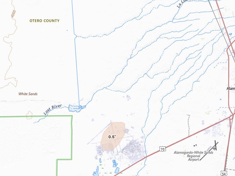 Radar-estimated hail-size map of the storm over Holloman Air Force Base, NM on Jul 15, 2026