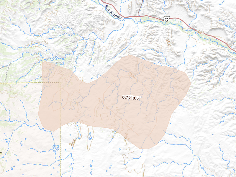 Radar-estimated hail-size map of the storm over Hondo, NM on Apr 10, 2026