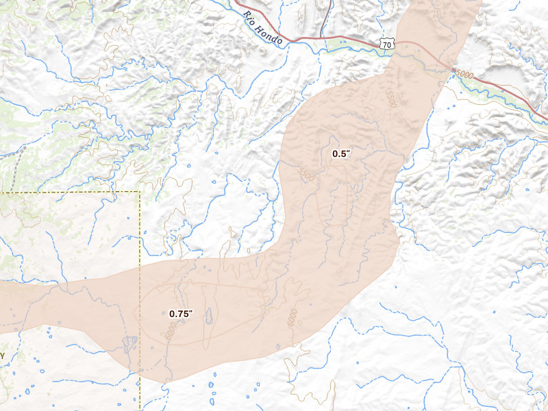 Radar-estimated hail-size map of the storm over Hondo, NM on May 28, 2026